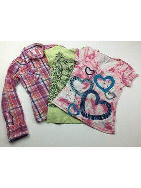 Justice Girls Lot 3 Shirts Green Leopard Print Hearts Tshirt Size 7 8